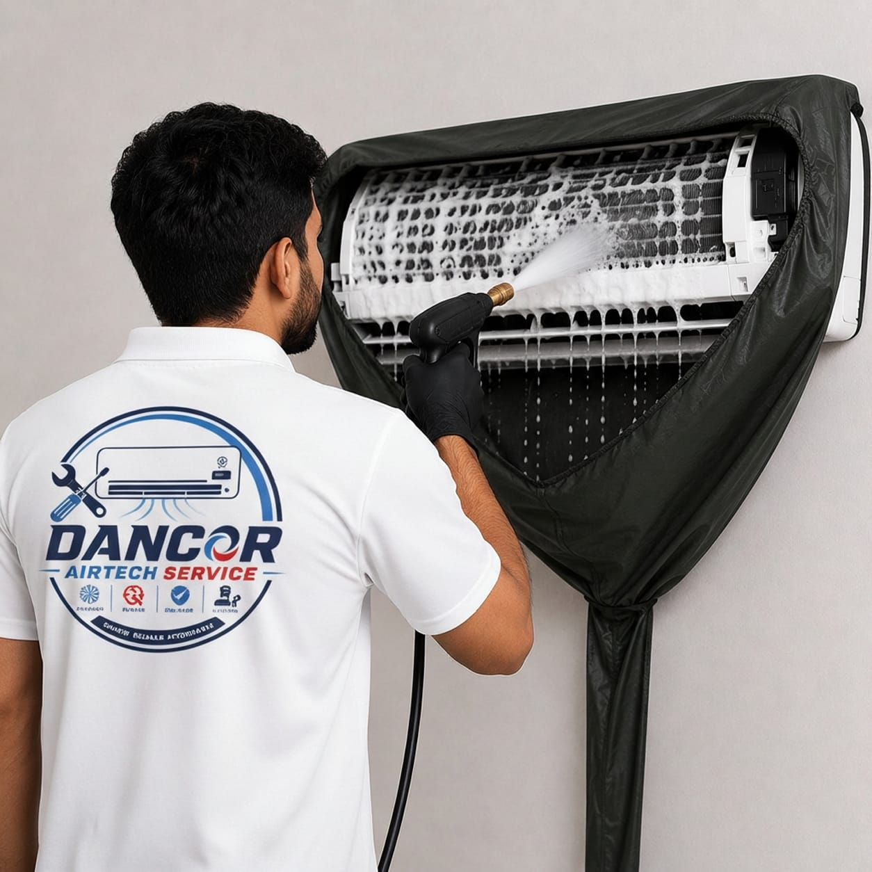 Dancor Airtech Service technician deep-cleaning a split AC